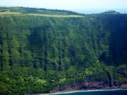 If you look closely, you can see the trail switchbacks winding down the pali. Photo Credit: R. Jones.